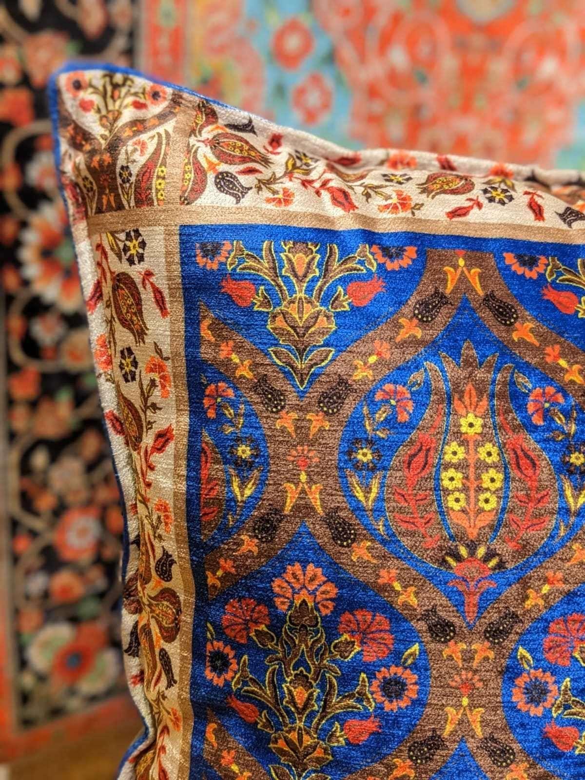 Turkish Silk Cushion - Blue with Pattern - QUMAS